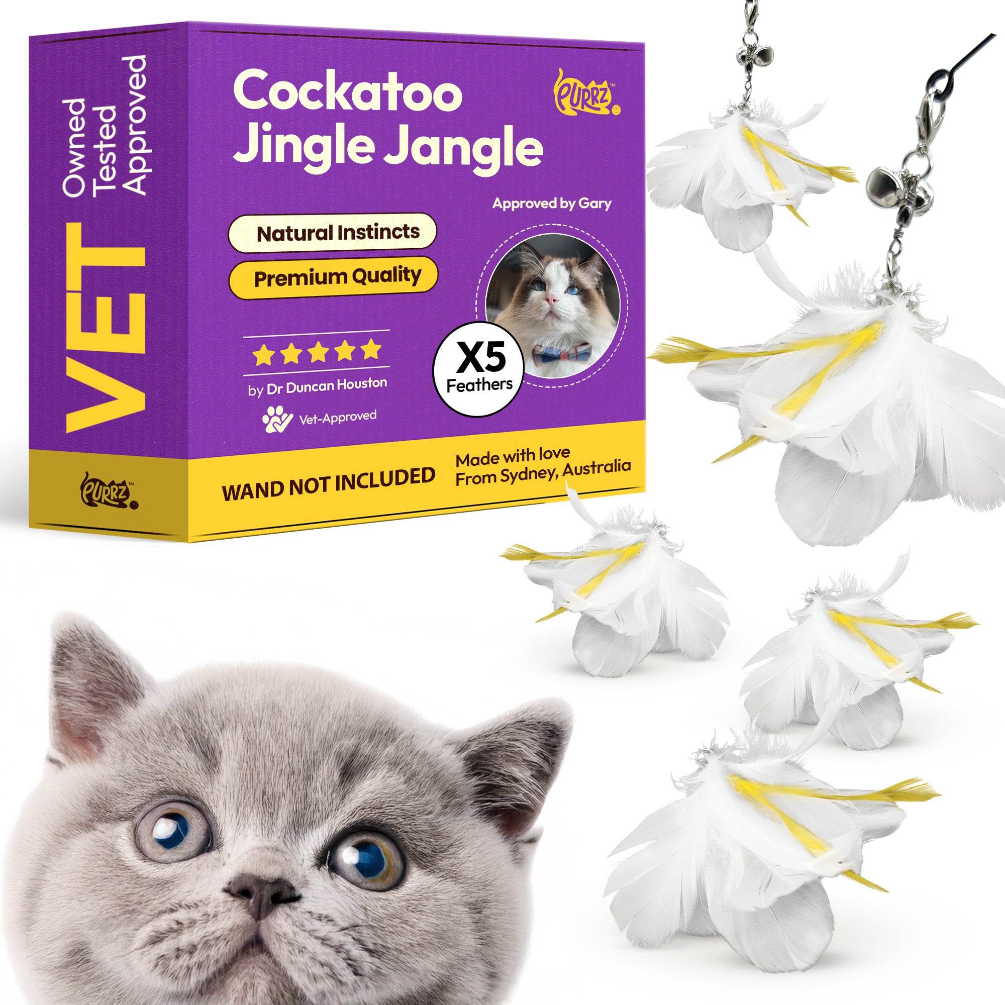 Cockatoo Feather Wand Attachments (5-Pack) – Natural, Vet-Approved Refills for Cat Wand Toys