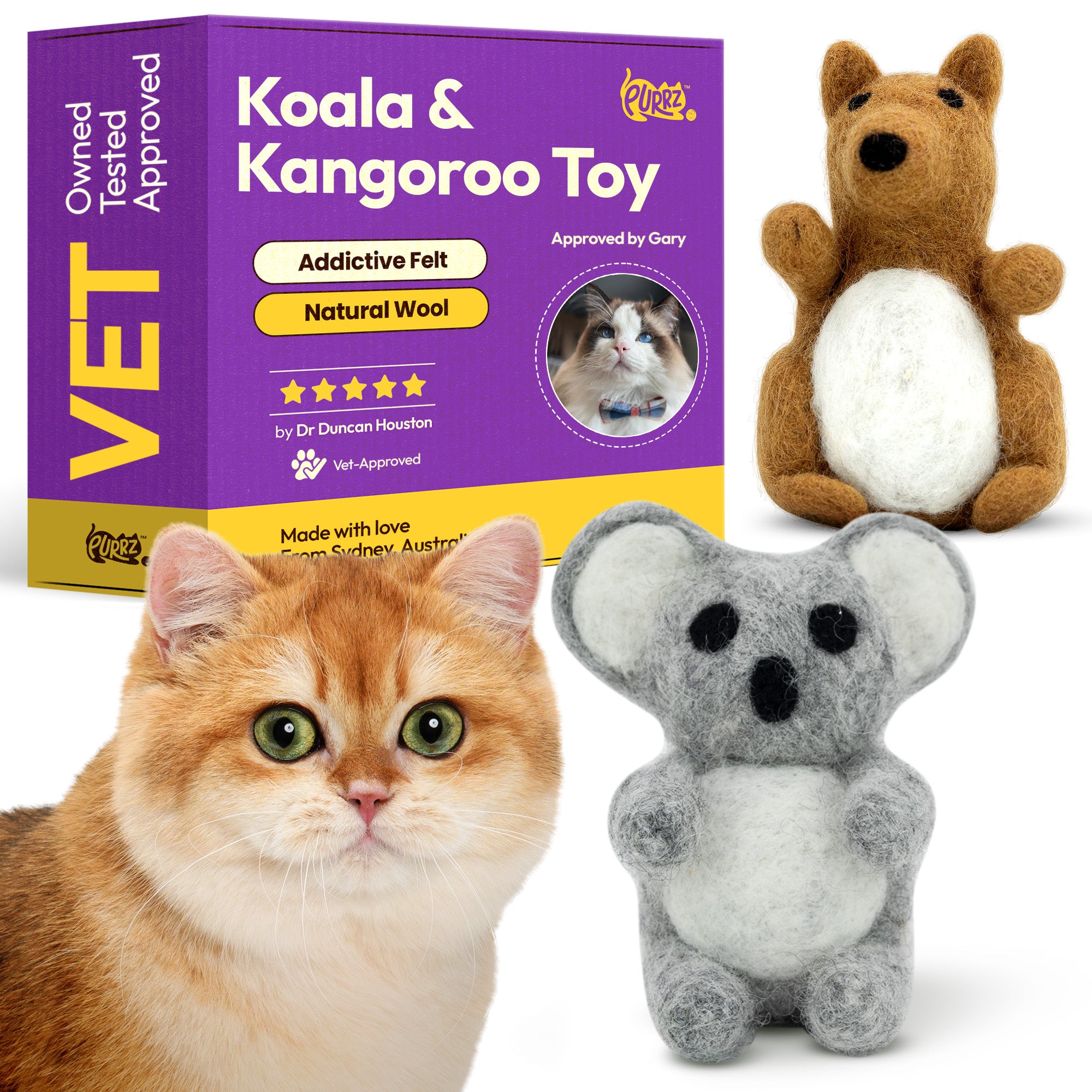 Kangaroo & Koala Handmade Merino Wool Catnip Kicker Toys – Organic Catnip, Vet-Designed