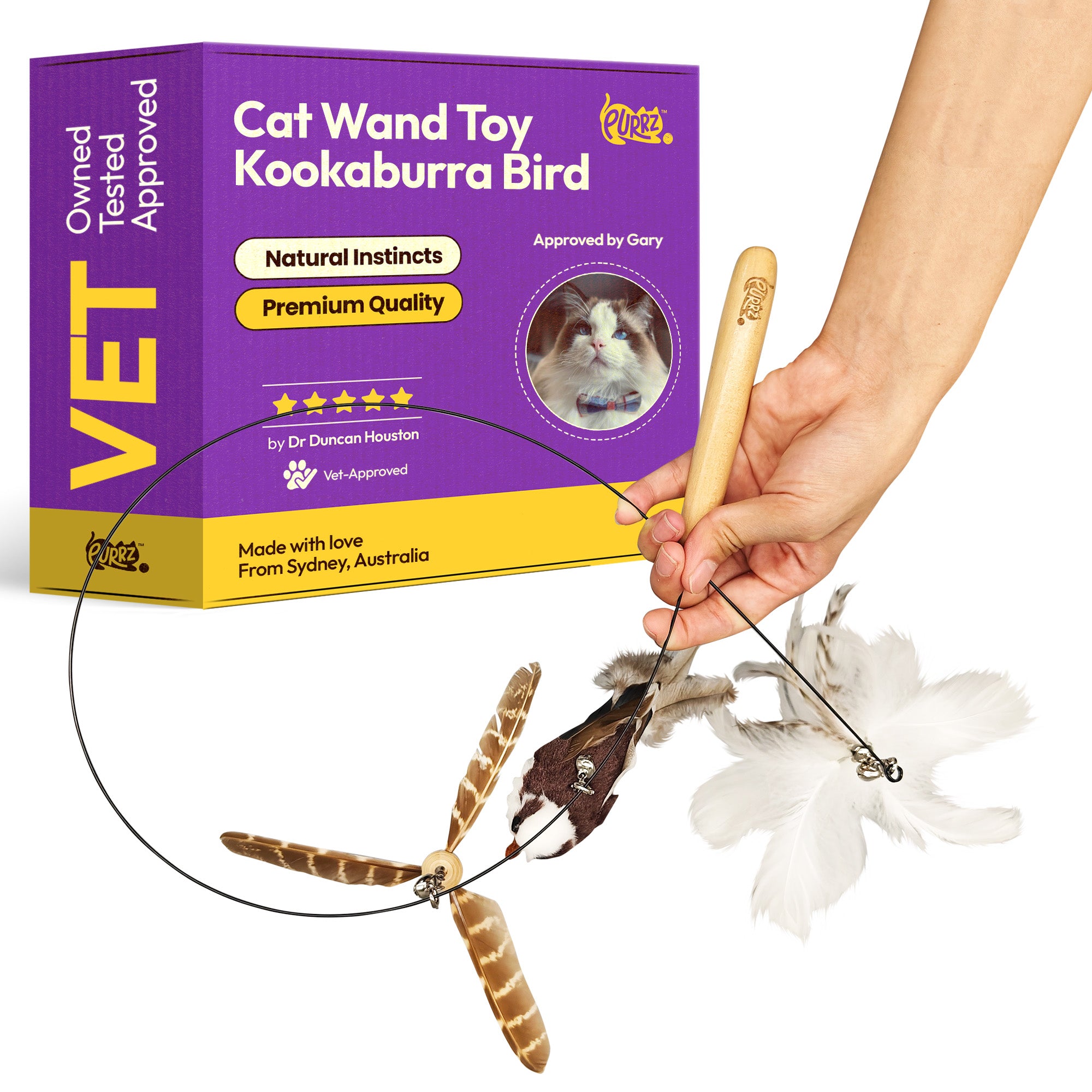 Cat Feather Wand Toy – Kookaburra-Inspired Teaser with Interchangeable Natural Feather Attachments & Flexible Steel Wand