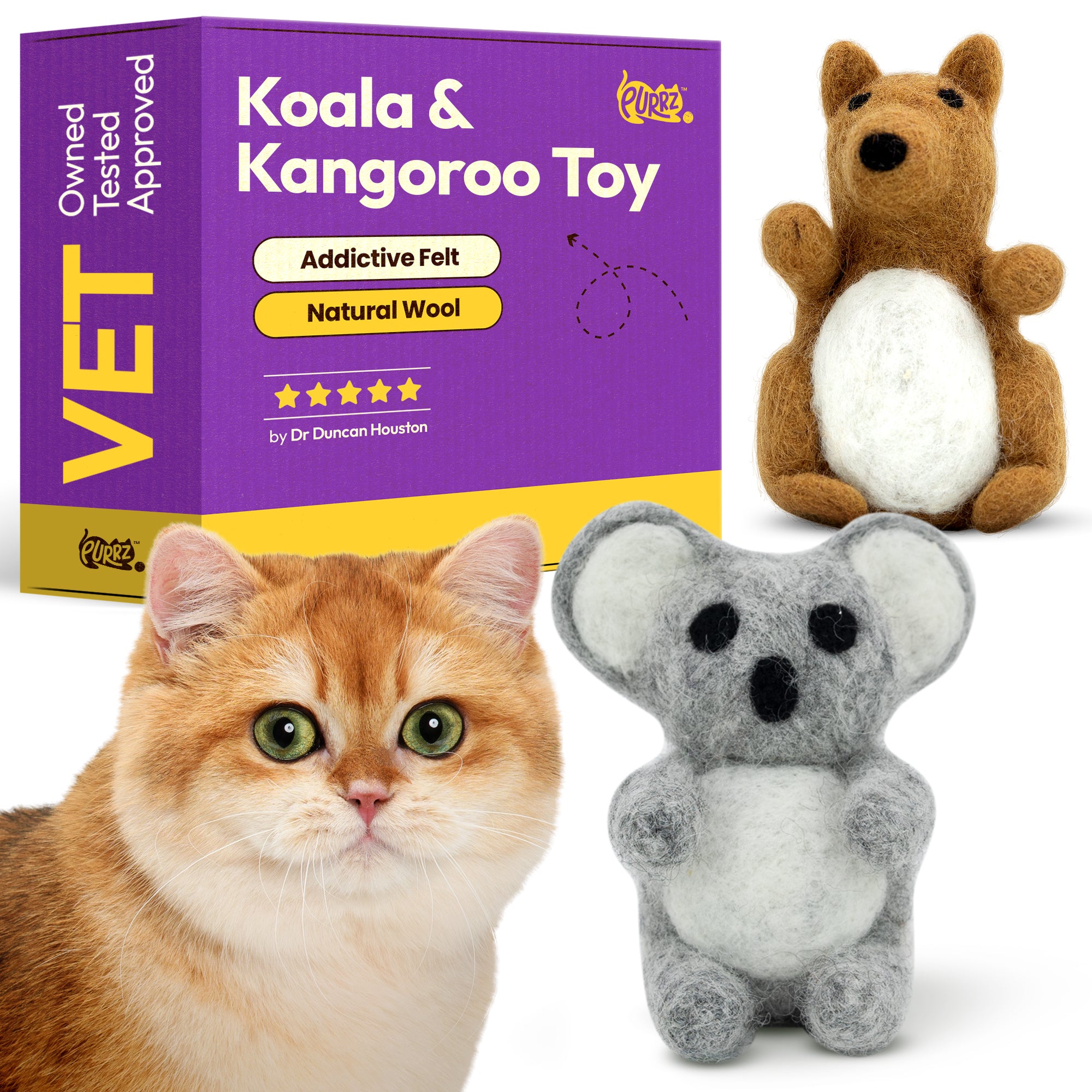 PURRZ Handmade Merino Wool Catnip Kicker Toy – Koala Shape, Vet-Designed, Bite-Resistant, Organic Catnip, Hypoallergenic, Eco-Friendly, Soft Plush Wool for Indoor Cats & Kittens Single Toy - (Koala & Kangaroo)
