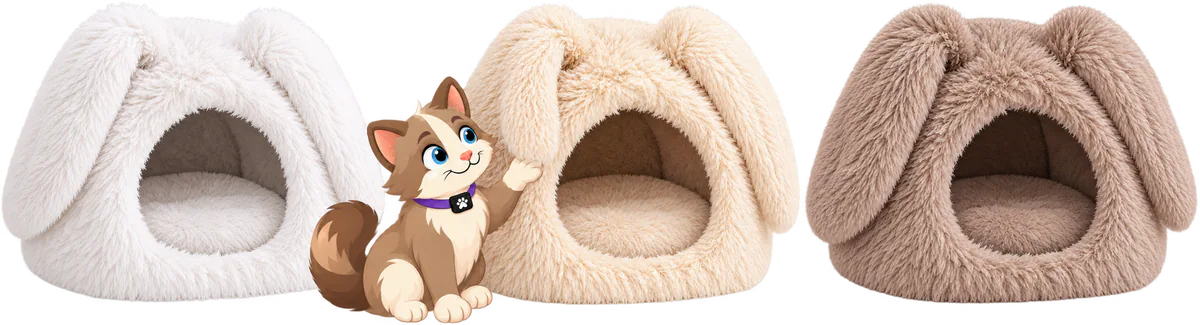 Illustrated Bunny Shag Cave in its three colours side by side, White, Cream and Brown, a cat sitting between the White and Cream caves with a paw up at an ear