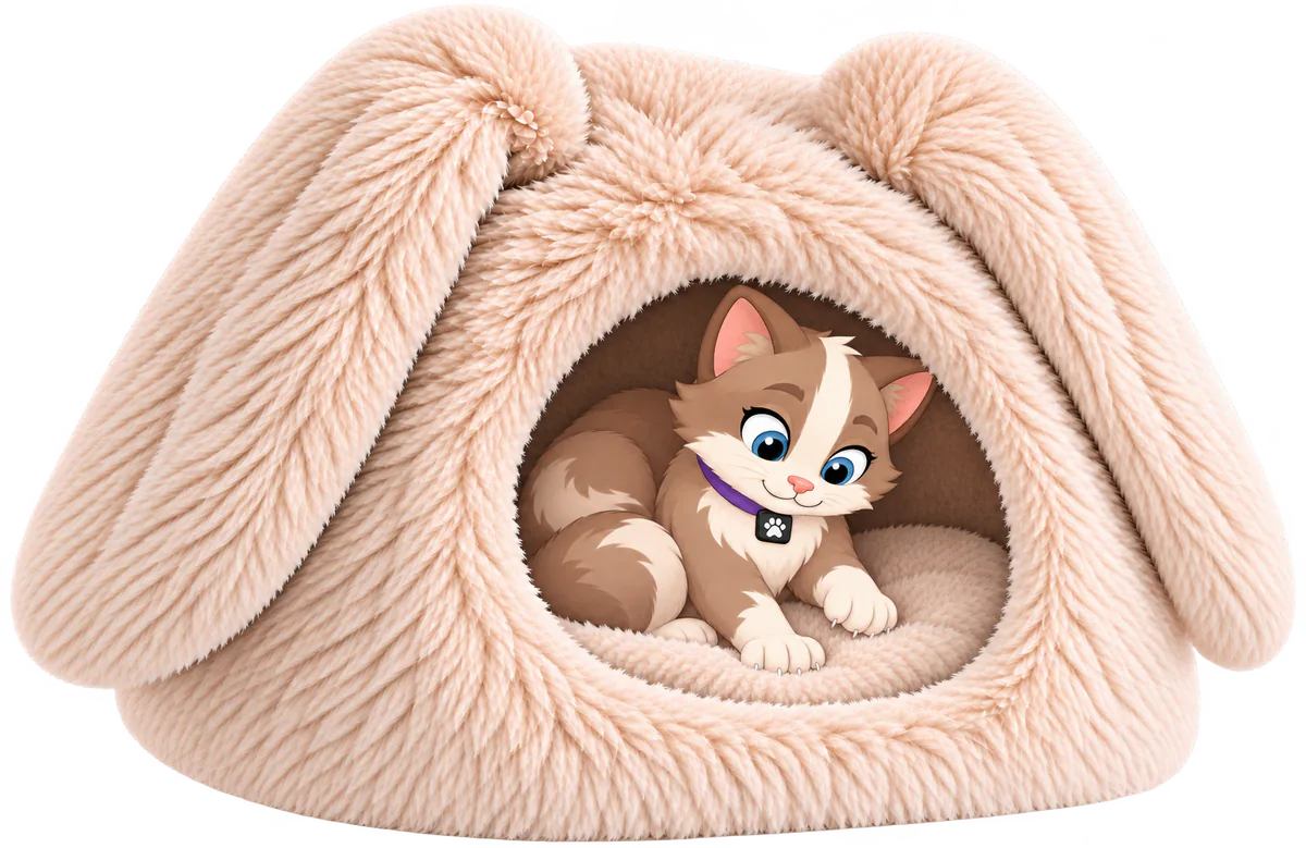 Illustrated Bunny Shag Cave in Cream, a cat inside kneading the plush cushion at the door with one paw raised