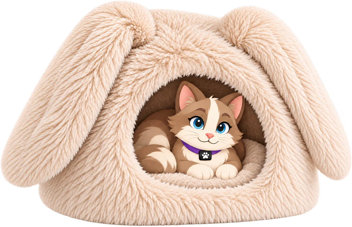 Illustrated Bunny Shag Cave in Cream from the front, the two ears hanging either side of the round door and a cat lying inside with her head and paws at the door