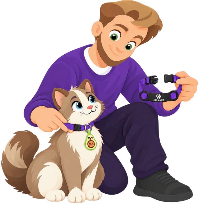 Illustrated man holding a purple collar open in one hand and steadying a cat's collar with the other, the Avocado Cat Smart ID Tag hanging from its D-ring