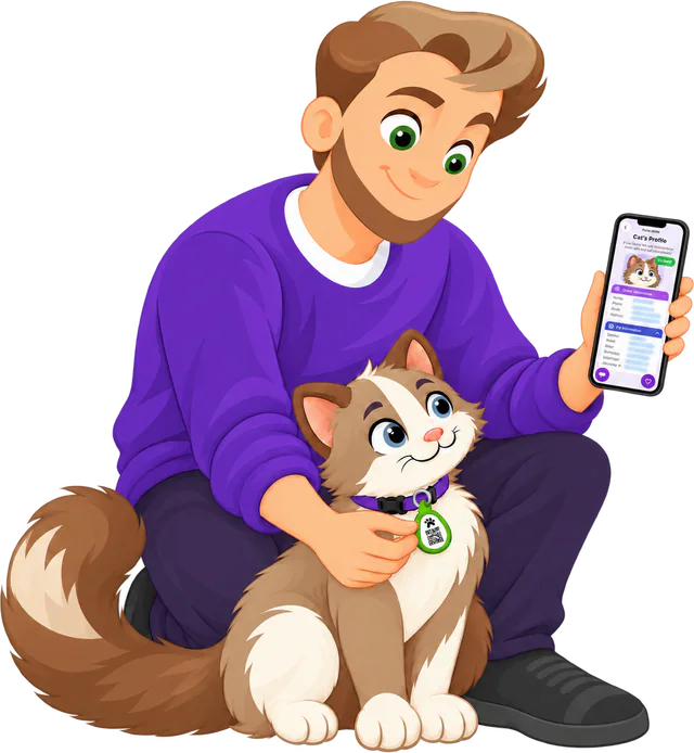 Illustrated man crouching behind a cat, holding the Avocado Cat Smart ID Tag QR side out in one hand and his phone with the public profile open in the other