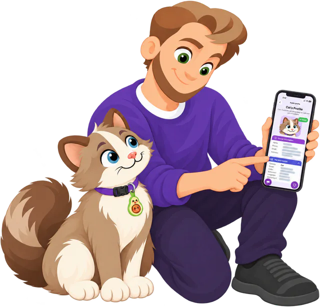 Illustrated man kneeling beside a cat wearing the Avocado Cat Smart ID Tag, pointing at the owner and pet information fields on his phone's public profile screen