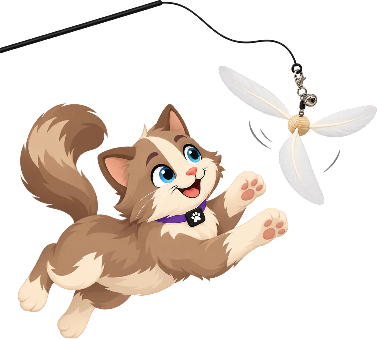 Illustrated brown and cream cat in a purple collar leaping with both front paws up at a Cockatoo Helicopter attachment, the white PURRZ™ feather spinner on a bead with a bell and clip, as it spins down from a black wand