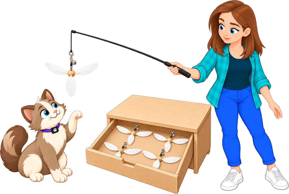 Illustrated woman in a teal checked shirt holding a wand with one Cockatoo Helicopter attachment, the white PURRZ™ feather spinner, over a sitting cat reaching up, four spare spinners laid in an open wooden drawer