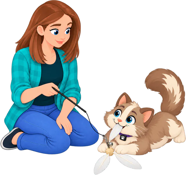 Illustrated woman in a teal checked shirt kneeling with a slack wand while a brown and cream cat lies on the floor with a Cockatoo Helicopter attachment, the white PURRZ™ feather spinner, held in its mouth