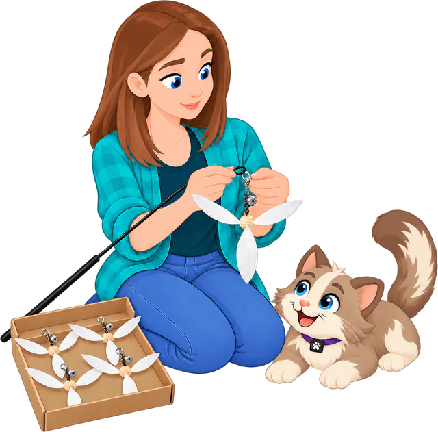 Illustrated woman in a teal checked shirt kneeling and clipping a Cockatoo Helicopter attachment, the white PURRZ™ feather spinner with a bell, onto a wand loop, four more in an open box beside her and a cat watching