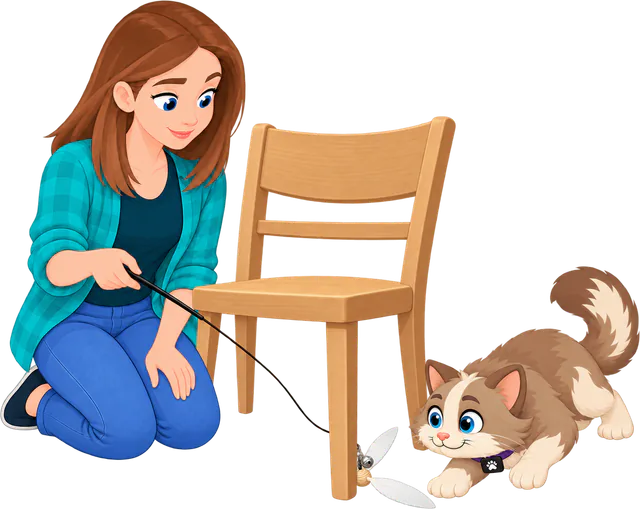 Illustrated woman in a teal checked shirt kneeling and dragging a Cockatoo Helicopter attachment, the white PURRZ™ feather spinner, along the floor behind a wooden chair leg while a brown and cream cat crouches to stalk it