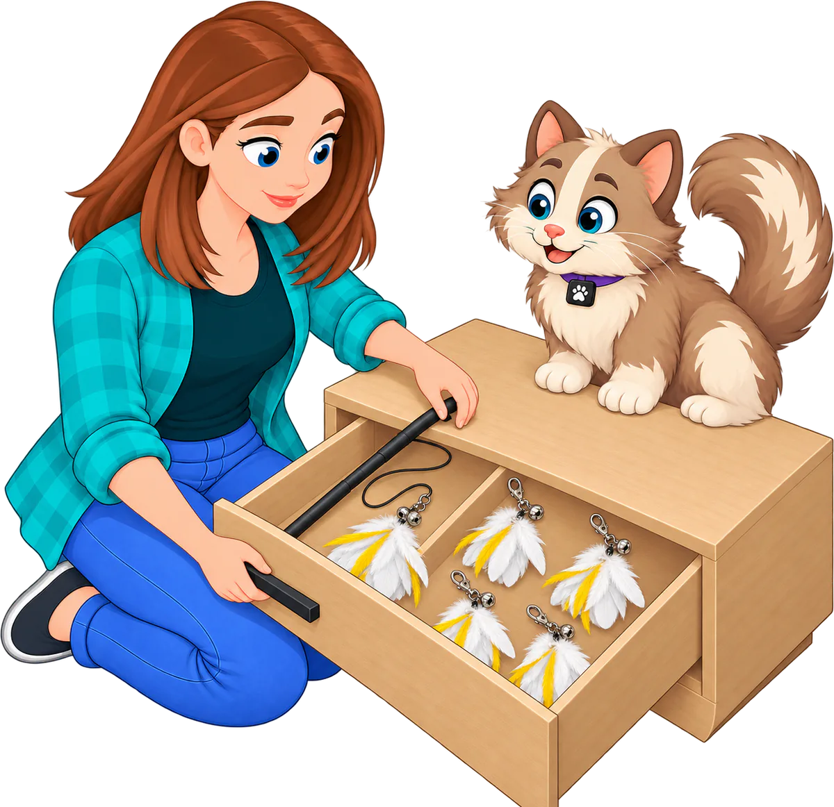 Illustrated woman in a teal checked shirt kneeling at an open drawer that holds a wand and several Cockatoo Jingle Jangle attachments, the PURRZ™ feather clips with two bells, with a cat sitting on top of the chest