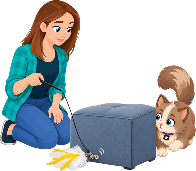Illustrated woman in a teal checked shirt kneeling to twitch the Cockatoo Jingle Jangle attachment, the PURRZ™ feather clip with two bells, beside a blue footstool while a cat crouches out of sight on the far side