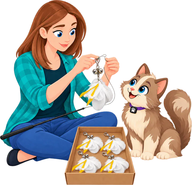 Illustrated woman in a teal checked shirt sitting cross-legged to clip a Cockatoo Jingle Jangle attachment, the PURRZ™ feather clip with two bells, onto a wand string, four more in an open cardboard box beside a watching cat