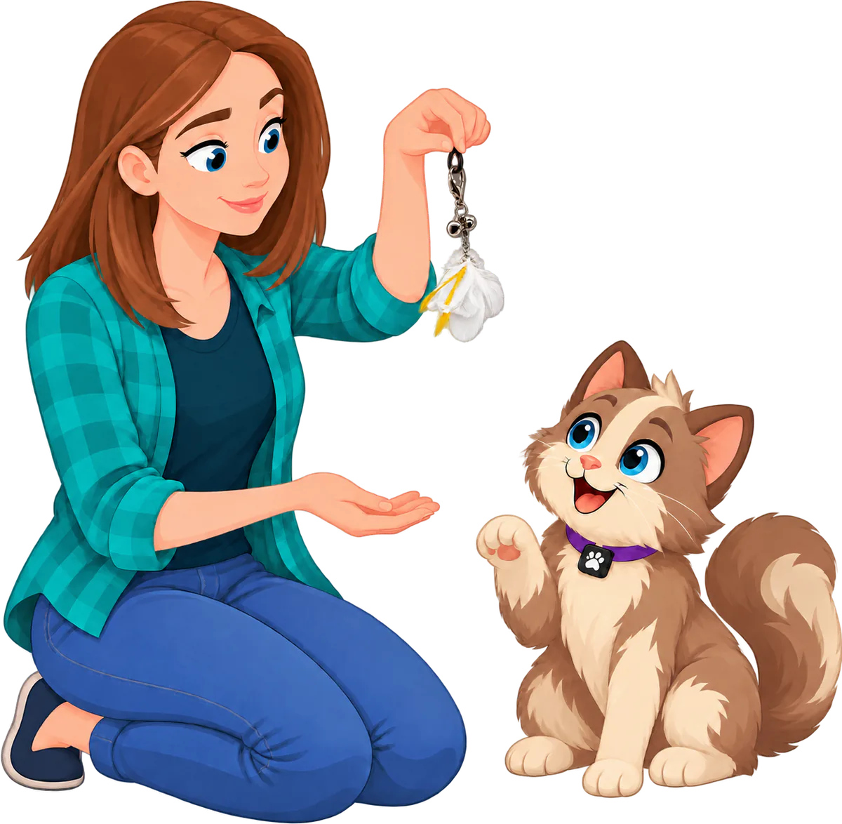 Illustrated woman in a teal checked shirt kneeling and holding up the Cockatoo Jingle Jangle attachment, the PURRZ™ feather clip with two bells, by its clasp above her open palm, a cat sitting in front of her with one paw raised toward it