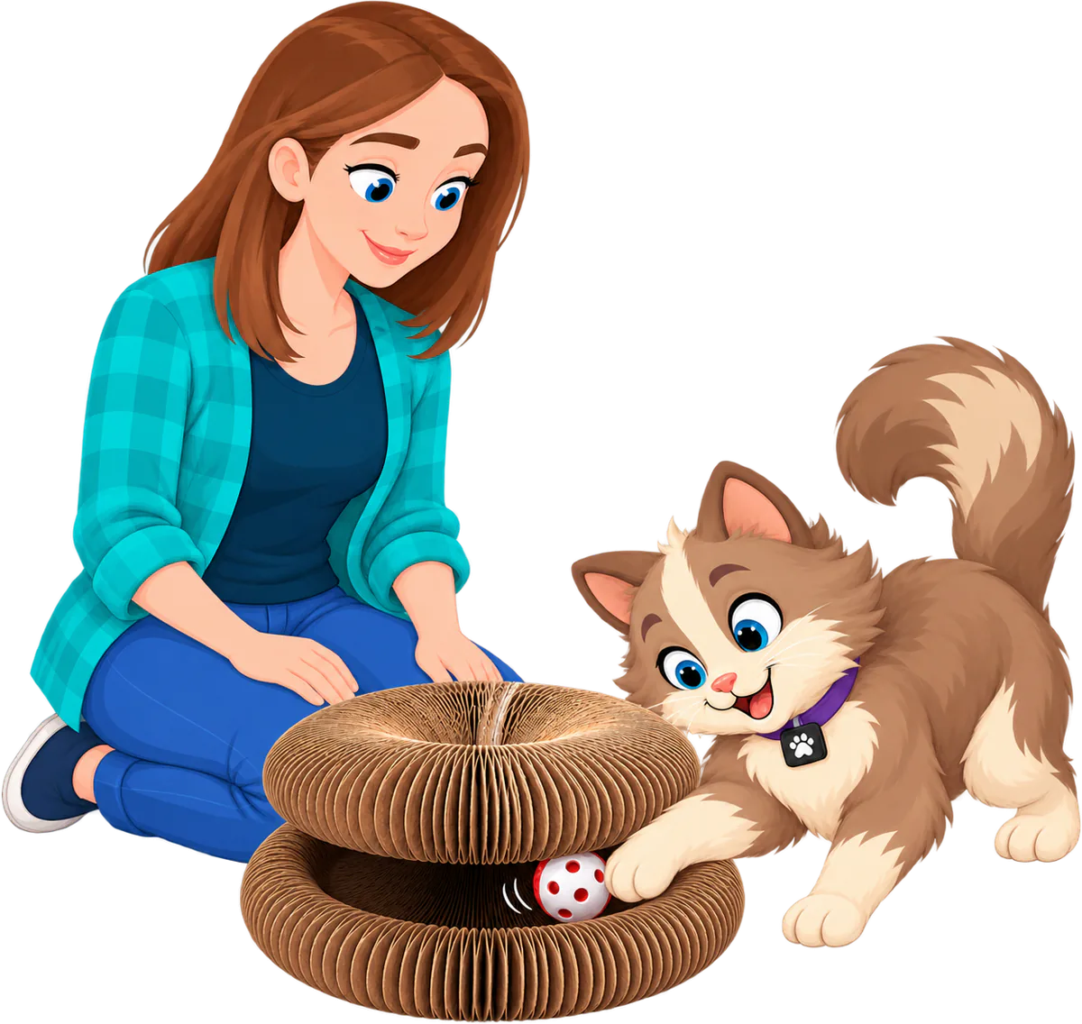 Illustrated woman in a teal checked shirt and blue jeans kneeling beside the Expand & Flex Toy, the PURRZ™ corrugated cardboard scratcher stacked as a double ring, a cat reaching a paw in to bat the red-and-white bell ball rolling between the layers