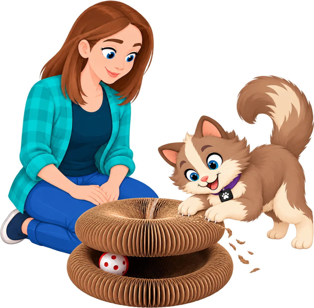Illustrated woman in a teal checked shirt and blue jeans kneeling beside the Expand & Flex Toy, the PURRZ™ corrugated cardboard scratcher stacked as a double ring with a bell ball inside, a cat digging its claws into the top rim and sending shreds flying