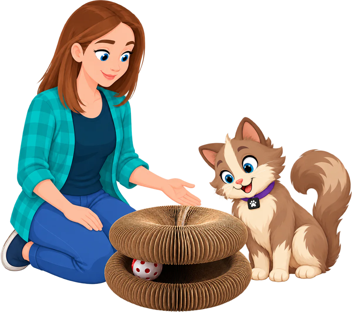 Illustrated woman in a teal checked shirt and blue jeans kneeling and holding a hand out over the Expand & Flex Toy, the PURRZ™ corrugated cardboard scratcher stacked as a double ring with a red-and-white bell ball between the layers, a cat sitting beside it