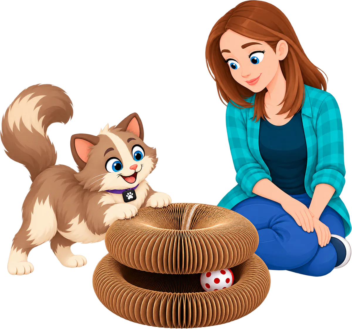 Illustrated woman in a teal checked shirt and blue jeans sitting beside the Expand & Flex Toy, the PURRZ™ corrugated cardboard scratcher stacked as a double ring with a red-and-white bell ball between the layers, a cat resting its front paws on the top rim