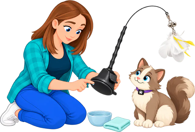 Illustrated woman in a teal checked shirt kneeling by a bowl of water and a folded cloth, running a wet finger round the rubber rim of the upturned base of the Feather Toy Suction Cup Set, the PURRZ™ feather wand on a suction cup base, a cat watching