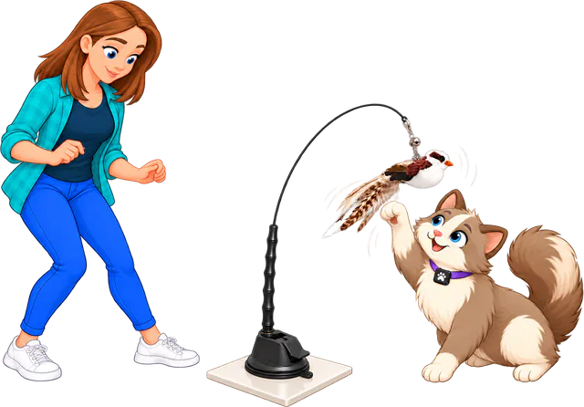 Illustrated woman in a teal checked shirt and white sneakers stepping back with her hands raised while a cat swats the feather bird on the Feather Toy Suction Cup Set, the PURRZ™ feather wand bowing on its suction cup base on a white tile
