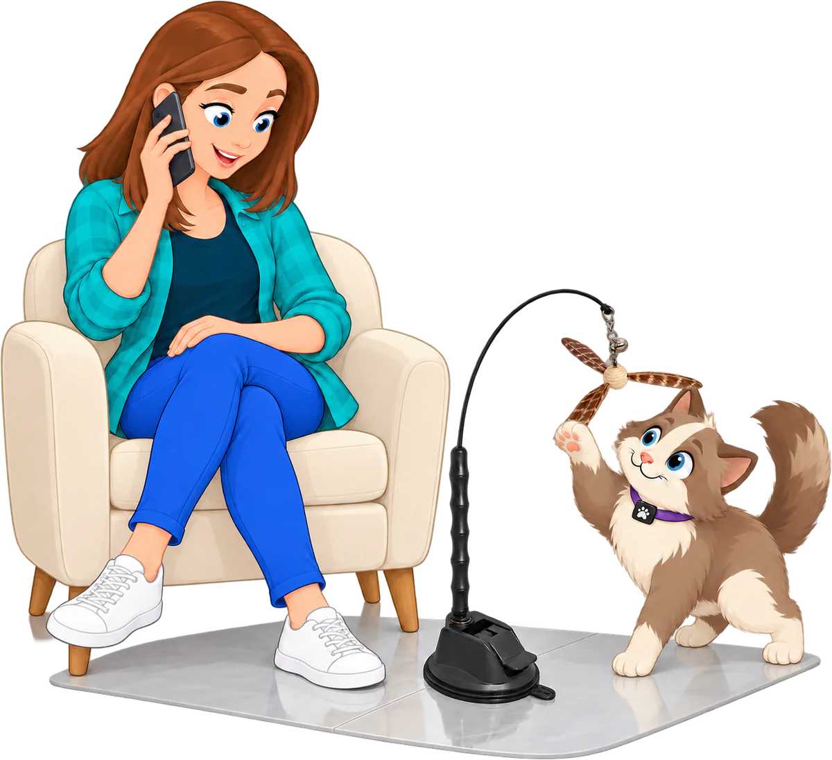 Illustrated woman in a teal checked shirt sitting in a cream armchair talking on her phone while a cat bats the barred feather attachment on the Feather Toy Suction Cup Set, the PURRZ™ feather wand standing on its suction cup base on grey tiles