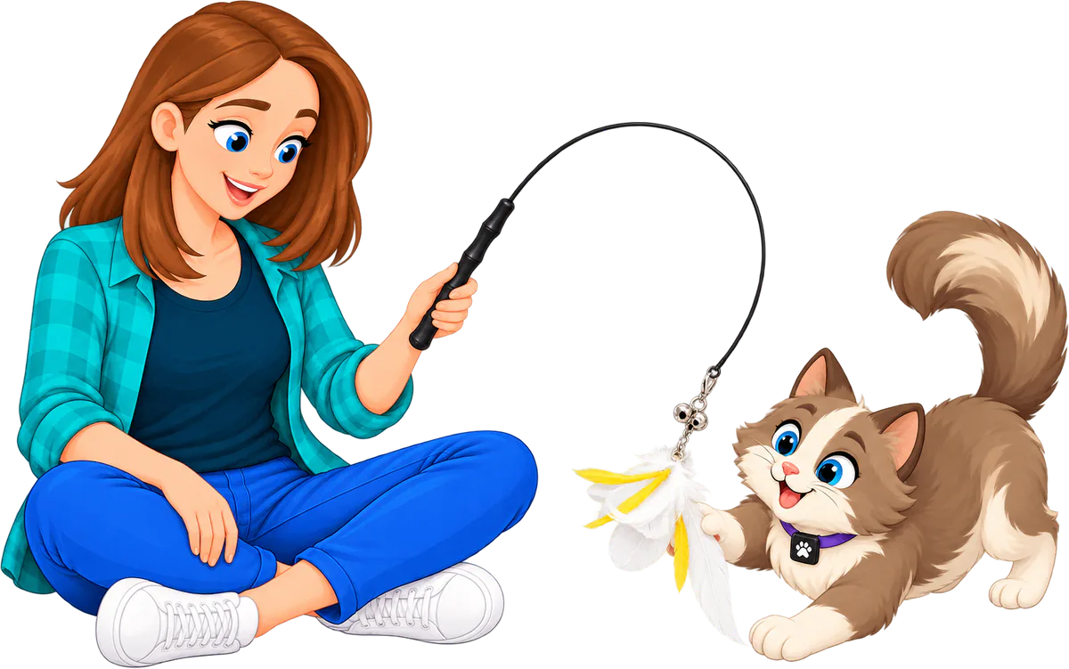 Illustrated woman in a teal checked shirt sitting cross-legged on the floor holding the wand of the Feather Toy Suction Cup Set, the PURRZ™ feather wand on a suction cup base, by its handle while a cat paws at the white and yellow feathers and bells on its tip