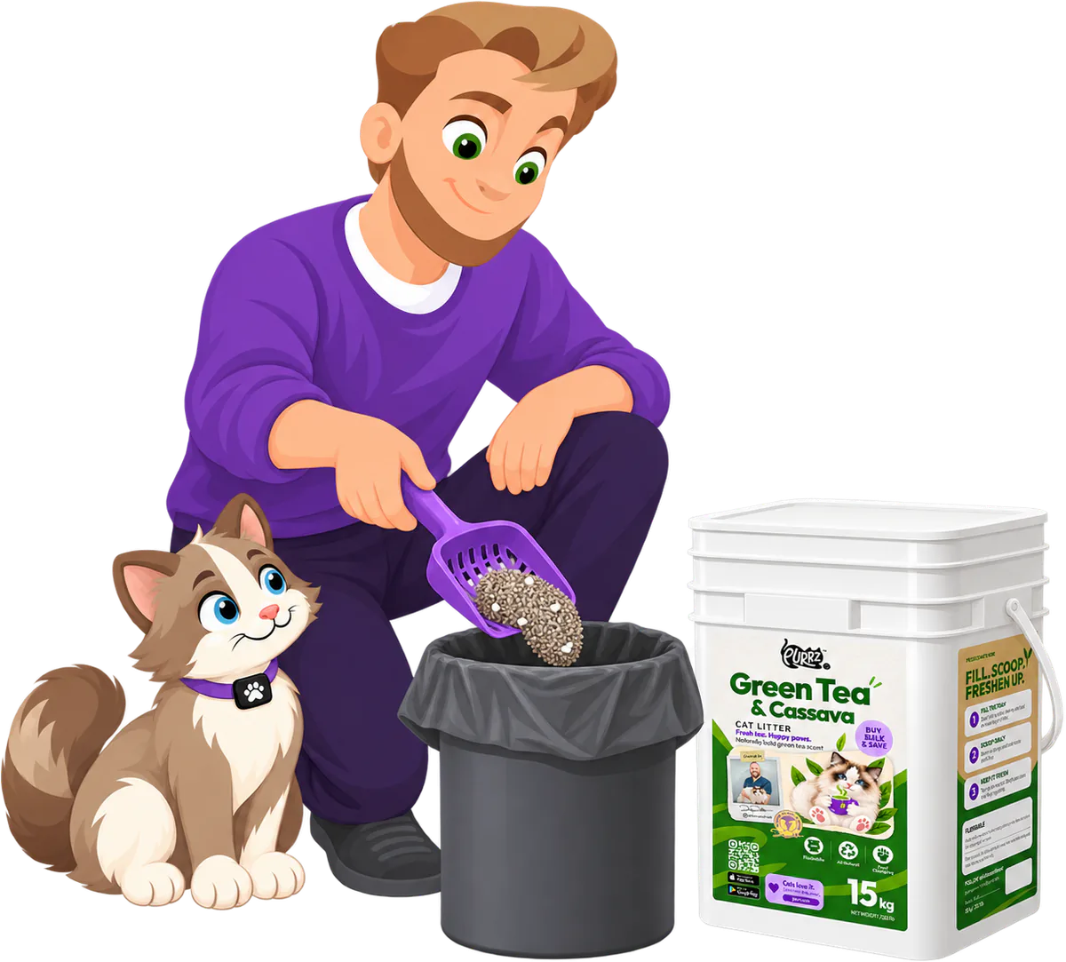 Illustrated man in a purple jumper tipping a clump from a purple scoop into a lined bin, a cat sitting beside him and the 15 kg tub of PURRZ™ Green Tea & Cassava Cat Litter behind