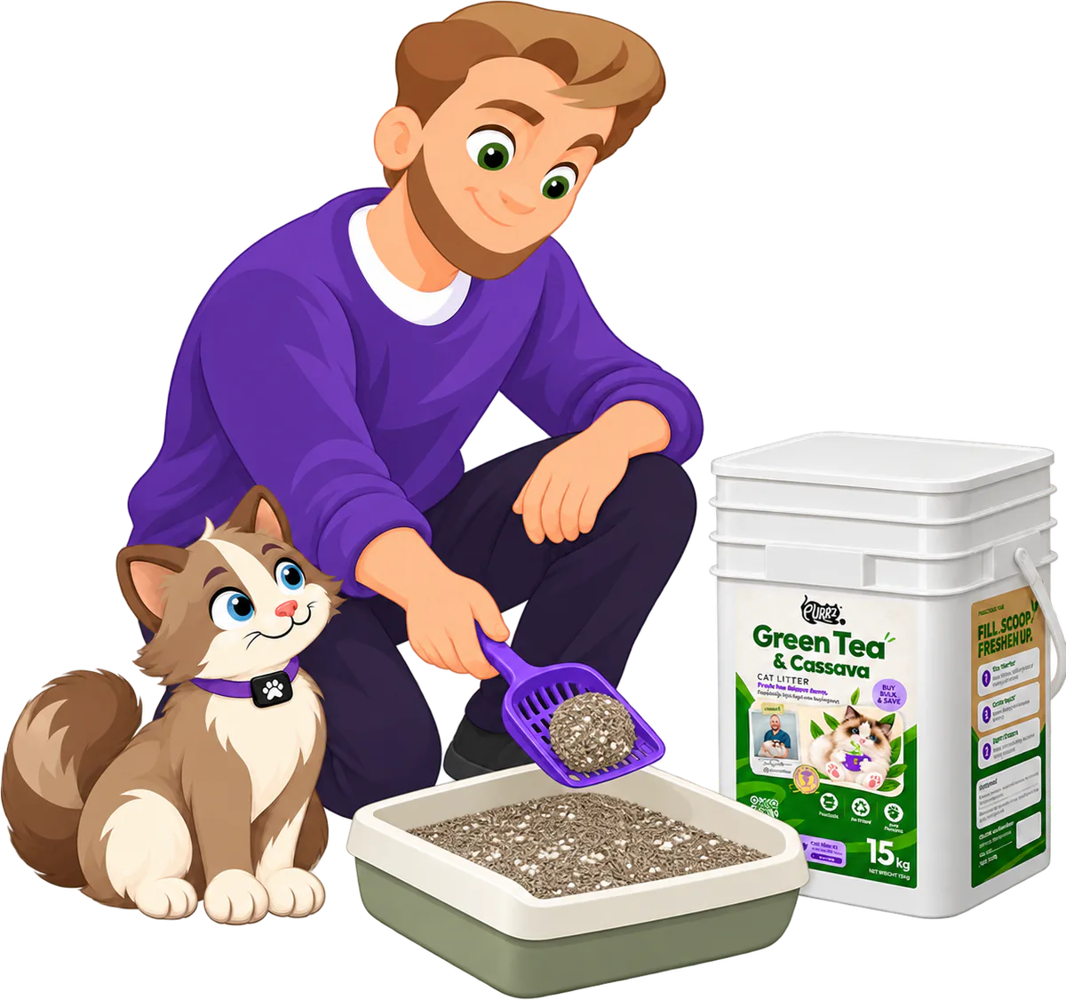 Illustrated man in a purple jumper lifting a clump out of a green litter tray with a purple scoop, a cat sitting beside him and a 15 kg tub of PURRZ™ Green Tea & Cassava Cat Litter beside the tray