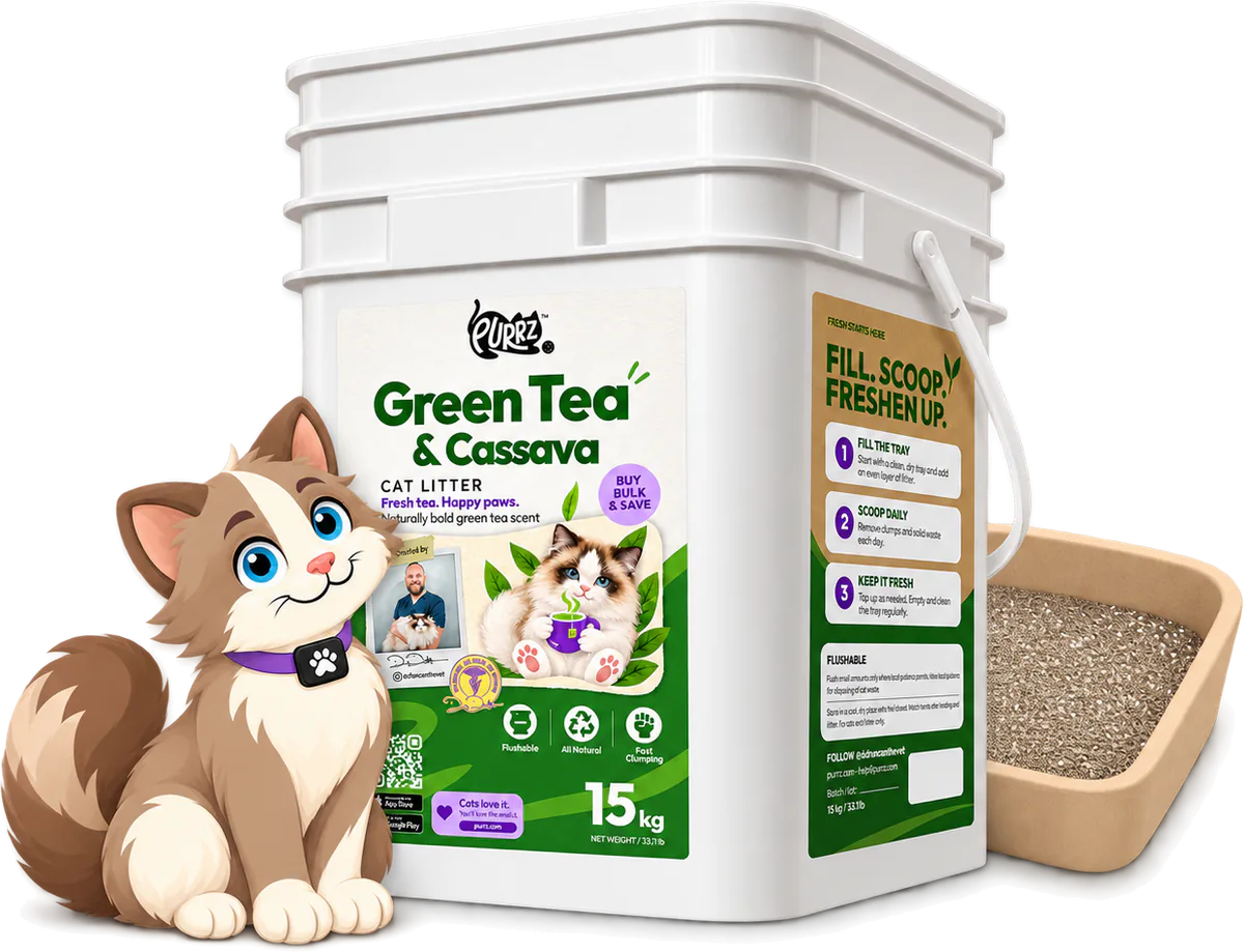 Illustrated cat sitting in front of a 15 kg tub of PURRZ™ Green Tea & Cassava Cat Litter, a filled litter tray beside the tub