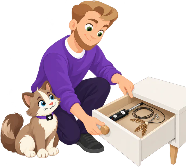 Illustrated man crouching at the open drawer of a small white cabinet, a cat wand, its coiled string and a PURRZ™ Kookaburra Helicopter Spinner attachment inside, a brown and cream cat sitting beside him looking up