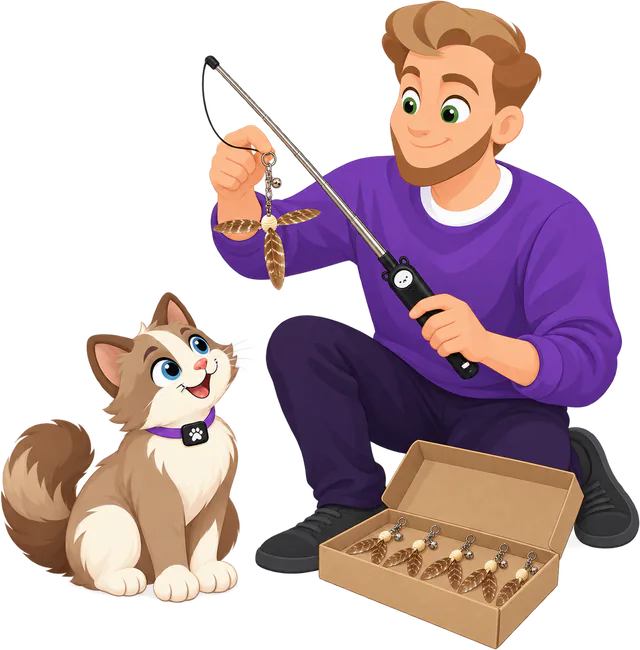 Illustrated man crouching to clip a PURRZ™ Kookaburra Helicopter Spinner attachment onto a wand string, five more in an open cardboard box at his feet, a brown and cream cat sitting looking up