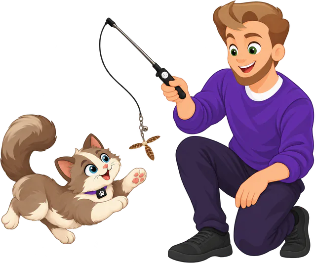 Illustrated man kneeling with a raised cat wand, a PURRZ™ Kookaburra Helicopter Spinner attachment hanging from the string and a brown and cream cat leaping toward it with one paw out