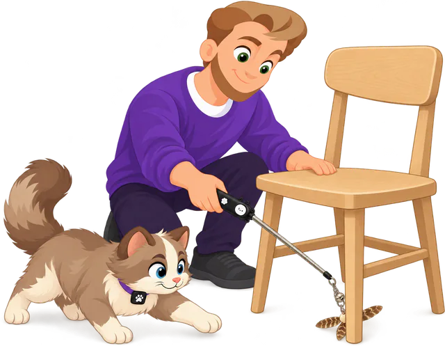 Illustrated man crouching by a wooden chair, drawing a PURRZ™ Kookaburra Helicopter Spinner attachment along the floor past a chair leg with a cat wand, a brown and cream cat stalking low toward it