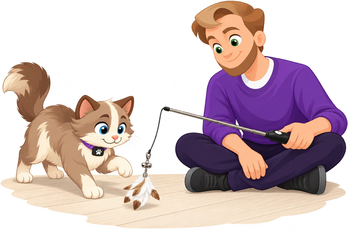 Illustrated brown and cream cat stalking across a pale wooden floor with one paw raised toward a PURRZ™ Kookaburra Craze Jingle Jangle attachment, white feathers with brown tips, dangled from a cat wand by a seated man