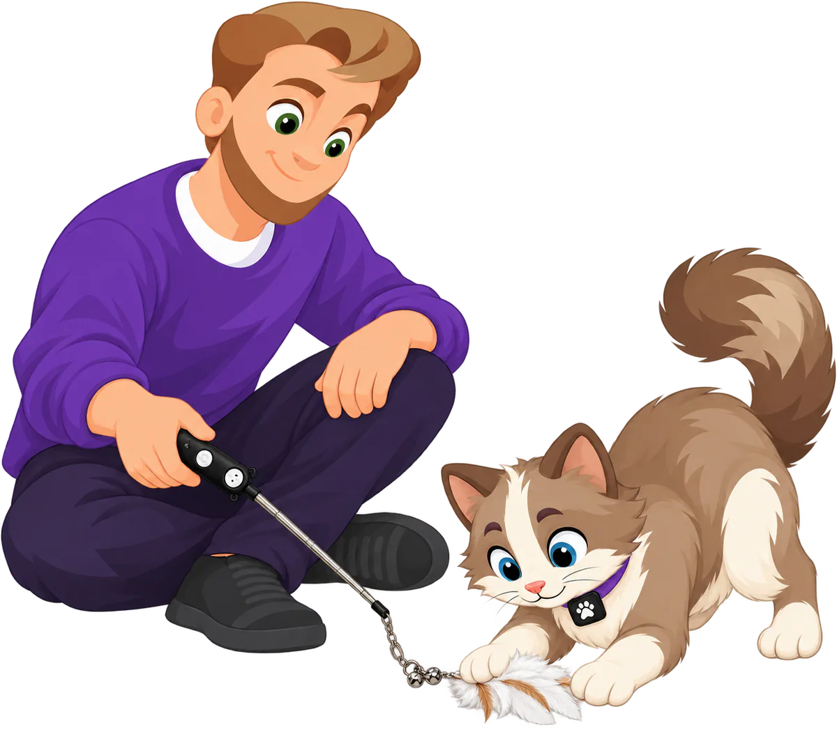 Illustrated man sitting on the floor with a cat wand held low, a brown and cream cat crouched to pin the feathers of a PURRZ™ Kookaburra Craze Jingle Jangle attachment under her paws, its two bells beside them