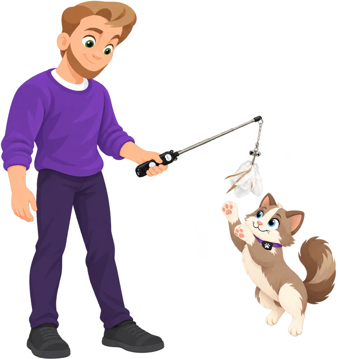 Illustrated man in a purple jumper standing and holding out a cat wand, a PURRZ™ Kookaburra Craze Jingle Jangle attachment dangling from its chain while a brown and cream cat leaps up at it with both front paws
