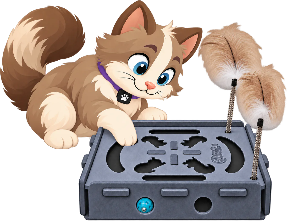 Illustrated brown and cream cat in a purple collar resting a paw on the lid of a grey PURRZ™ Puzzle Pal, two feathers on coil springs standing up from its corner and the bell ball showing through a side hole