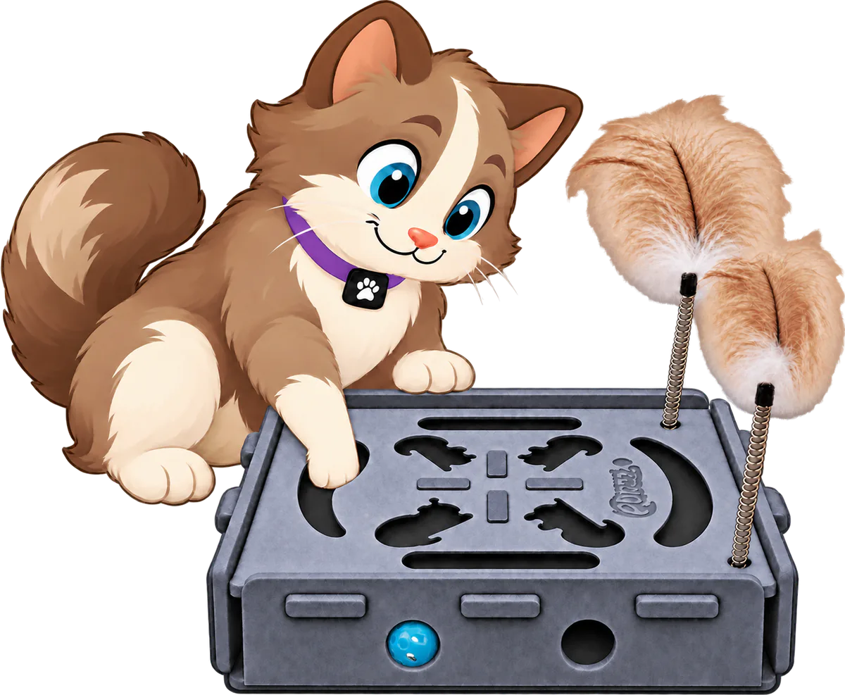 Illustrated brown and cream cat reaching a paw into a curved slot in the lid of a grey PURRZ™ Puzzle Pal, the bell ball showing through a side hole and two feathers on coil springs at the far corner