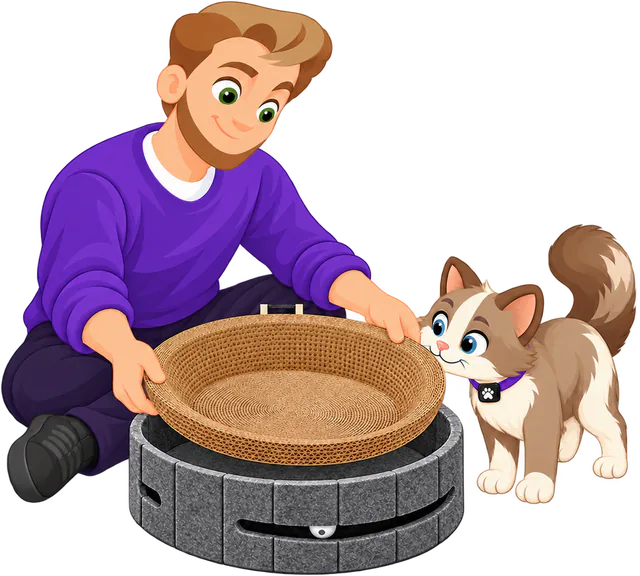 Illustrated man in a purple jumper sitting to lower the cardboard pad into the felt wall of a dark grey PURRZ™ Scratch & Lounge Scratcher as a brown and cream cat sniffs the rim