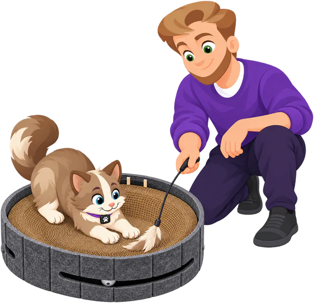 Illustrated man in a purple jumper crouching to drag a feather wand across the cardboard pad of a dark grey PURRZ™ Scratch & Lounge Scratcher as a brown and cream cat crouches on it to pounce