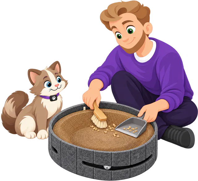 Illustrated man in a purple jumper brushing cardboard shreds off the pad of a dark grey PURRZ™ Scratch & Lounge Scratcher into a dustpan, a brown and cream cat sitting and watching