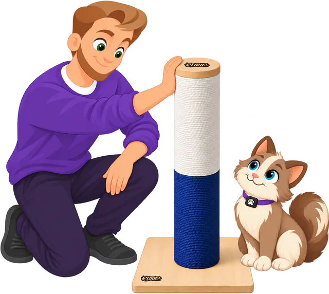 Illustrated man in a purple jumper kneeling to push the top of a PURRZ™ Scratch Me Happy Scratching Post with one hand as a brown and cream cat sits beside the wooden base