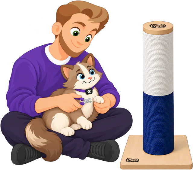Illustrated man in a purple jumper sitting cross-legged and trimming the claws of a brown and cream cat on his lap with nail clippers, a PURRZ™ Scratch Me Happy Scratching Post in White-Navy beside them