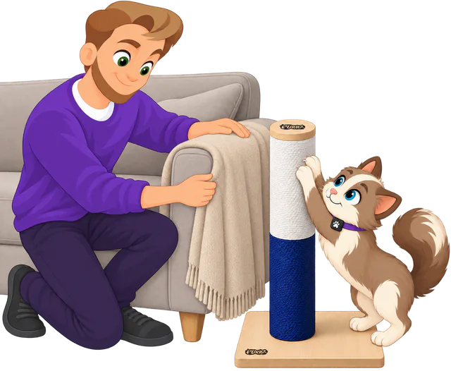 Illustrated man in a purple jumper laying a throw over the arm of a grey sofa as a brown and cream cat scratches a PURRZ™ Scratch Me Happy Scratching Post beside it