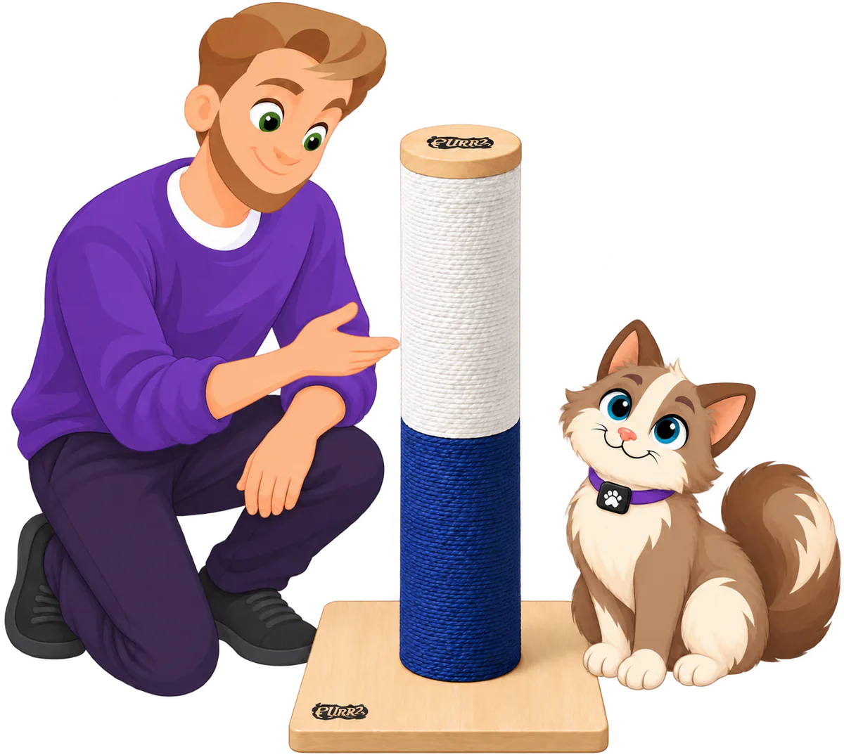 Illustrated man in a purple jumper kneeling beside a PURRZ™ Scratch Me Happy Scratching Post in White-Navy and pointing a brown and cream cat towards it