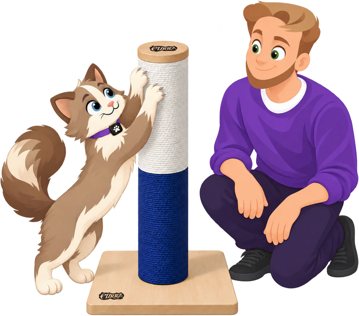 Illustrated brown and cream cat in a purple collar standing on its back legs and stretching its front paws up a PURRZ™ Scratch Me Happy Scratching Post in White-Navy, a man in a purple jumper kneeling beside it