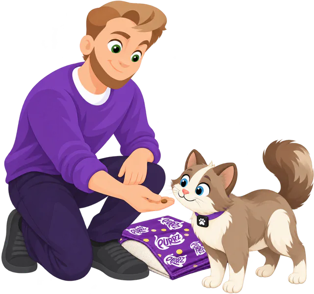 Illustrated man kneeling to offer a treat from his hand to a brown and cream cat, a purple PURRZ™ Sticky Wrap folded on the floor beside them