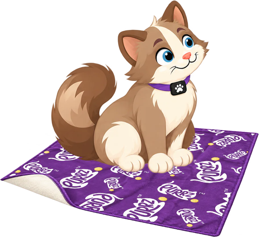 Illustrated brown and cream cat sitting on a purple PURRZ™ Sticky Wrap laid flat, one corner turned up to show the cream fleece underside