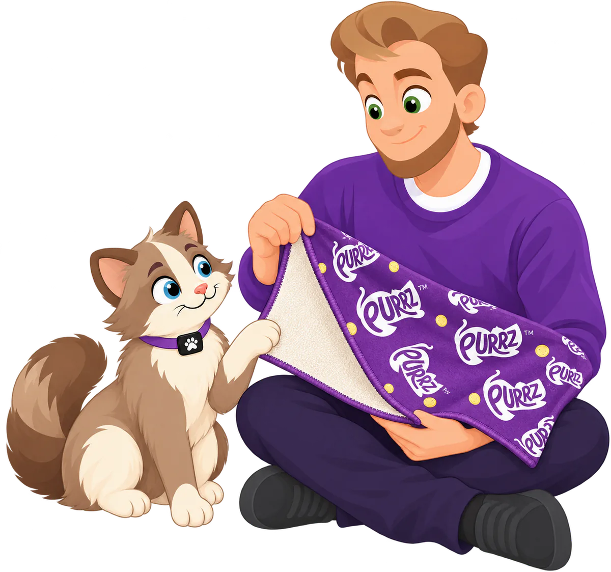 Illustrated man sitting cross-legged holding up a purple PURRZ™ Sticky Wrap to show its cream fleece underside while a brown and cream cat touches it with a paw